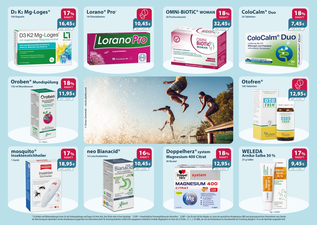 Monatlicher Angebotsflyer der Apotheke mit Informationen zu Öffnungszeiten, Leistungen, Aktionen und wechselnden Produkten aus Gesundheit und Pflege.